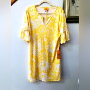 NWT Ruby Rd. Women's size M Dress Yellow & White A Line 3/4 Flutter Sleeves